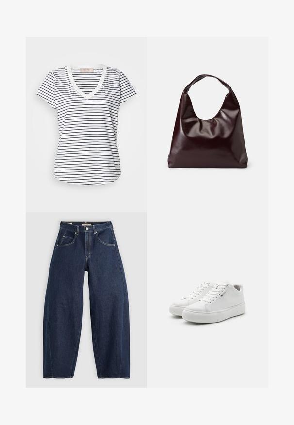 T-shirt à col en V à manches courtes rayé avec des rayures blanches et marines, présentant un petit logo et un ourlet arrondi au bas.; Jean en denim bleu foncé, à coupe ample, avec des coutures claires, cinq poches et un bouton de fermeture à la taille.; Baskets basses blanches avec une tige en toile lisse, bout rond et semelle en caoutchouc épaisse. Présente un laçage à l'avant et un design minimaliste.; Sac en cuir vegan bordeaux, brillant, avec une forme douce et sculpturale et une large poignée incurvée pour un transport facile.