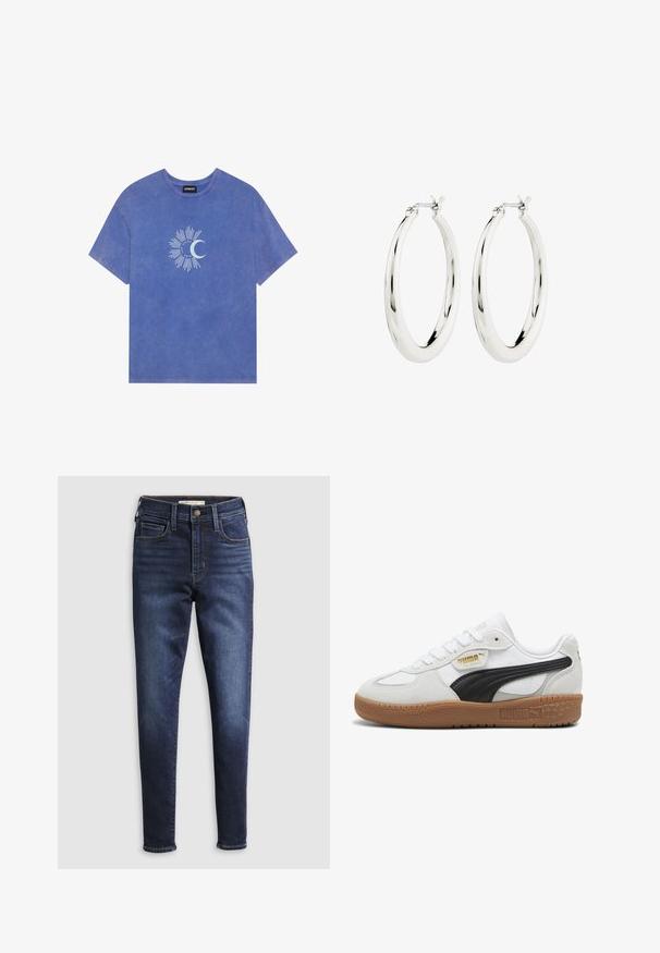 Camiseta de algodón en lavanda desvaída con mangas cortas. Presenta un gráfico blanco de un sol y una luna creciente en el centro. Diseño de cuello redondo.; Jeans de color azul oscuro con corte slim, con una cintura alta, cinco bolsillos y costuras en contraste. Textura de denim suave y lazos para cinturón estándar.; Zapatillas de cuero blanco con una franja de ante negro, suela de goma y branding dorado en el costado. Diseño con cordones y puntera redondeada.; Pendientes de aro de plata con un acabado suave y brillante. Forma circular, con un cierre seguro. Diseño sencillo y elegante.
