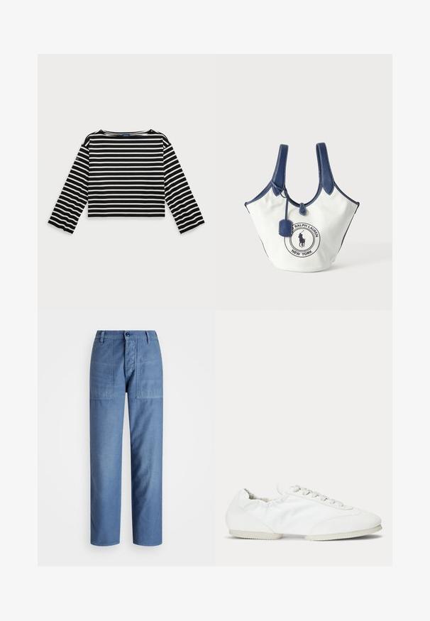 Top corto de manga larga a rayas en blanco y negro con un escote redondo. Presenta una tela suave y un parche de logo en la manga izquierda.; Pantalones de mezclilla azul claro con un diseño de pierna recta, que cuentan con dos bolsillos delanteros y un cierre de botón en la cintura. Textura suave.; Zapatilla blanca de perfil bajo con cordones, panel lateral de tela lisa y suela blanda y flexible.; Bolsa tote de lona blanca con asas y ribetes azul marino, con parche del logo de Ralph Lauren en el frente y una pequeña etiqueta colgante.