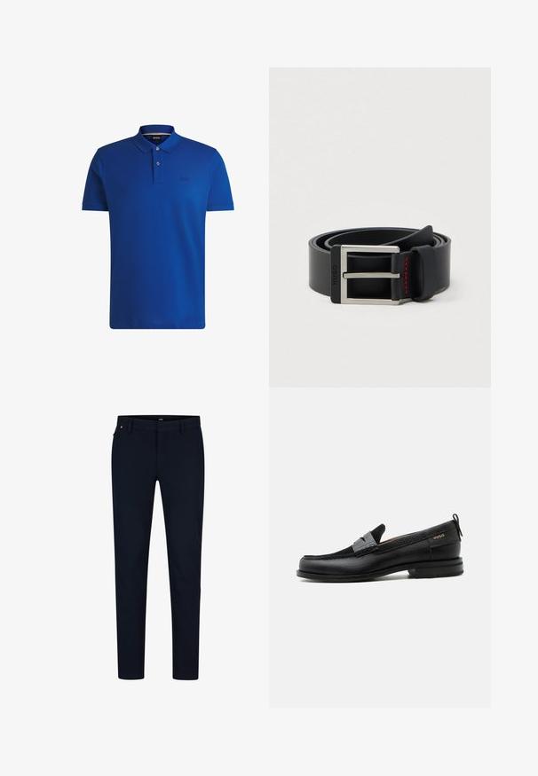 Blå polo t-shirt lavet af bomuld, med klassisk krave, tre-knaps knaplukning og broderet logo på brystet. Glat tekstur.; Marinebukser lavet af glat stof, med en slim fit, bæltestropper og en skjult lynlås. Ingen bemærkelsesværdige mønstre eller accenter.; Sort læderloafer med grå remdetalje, lav hæl og tekstureret sål, mærket med "HUGO" i guld på siden.; Sort læderbælte rullet sammen med en sølvfarvet rektangulær metalspænde og røde syninger nær spændeløkken.