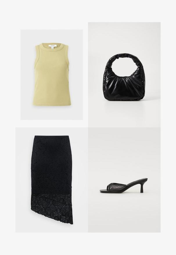 Ærmeløs ribstrikket tanktop i lys olivengrøn med rund halsudskæring, synligt Topshop-mærke inden i kraven.; Sort nederdel med et tekstureret paisley-mønster, asymmetrisk kant og blondekant forneden. Lavet af et blødt, strækbart stof.; RAID TIANA - Brudesko - black; Sort polstret håndtaske med et rundt håndtag, der har en glat, skinnende overflade og en blød, kviltet tekstur. Ingen synlige hardware eller accenter.