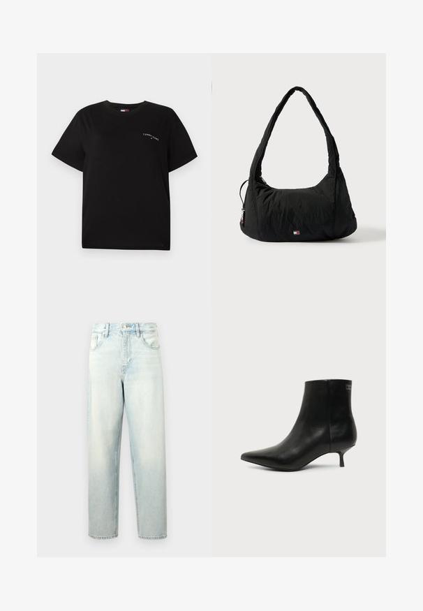 Schwarzes T-Shirt mit kurzen Ärmeln aus Baumwolle, Rundhalsausschnitt und kleinem weißen Logo auf der linken Brustseite. Einfaches, lässiges Design.; Hellblaue Jeans aus Denim mit einer lässigen Passform. Verfügt über fünf Taschen, einen Knopf- und Reißverschluss sowie einen leicht ausgebleichten Look.; Schwarzer Leder-Knöchel-Stiefel mit spitzer Spitze und niedrigem Kittenabsatz vor hellem Hintergrund, seitliche Ansicht.; Schwarze Nylon-Umhängetasche mit gebogenem Griff, Reißverschlusstasche und kleinem Logo auf der Vorderseite; gepolsterte Textur mit weicher, abgerundeter Form.