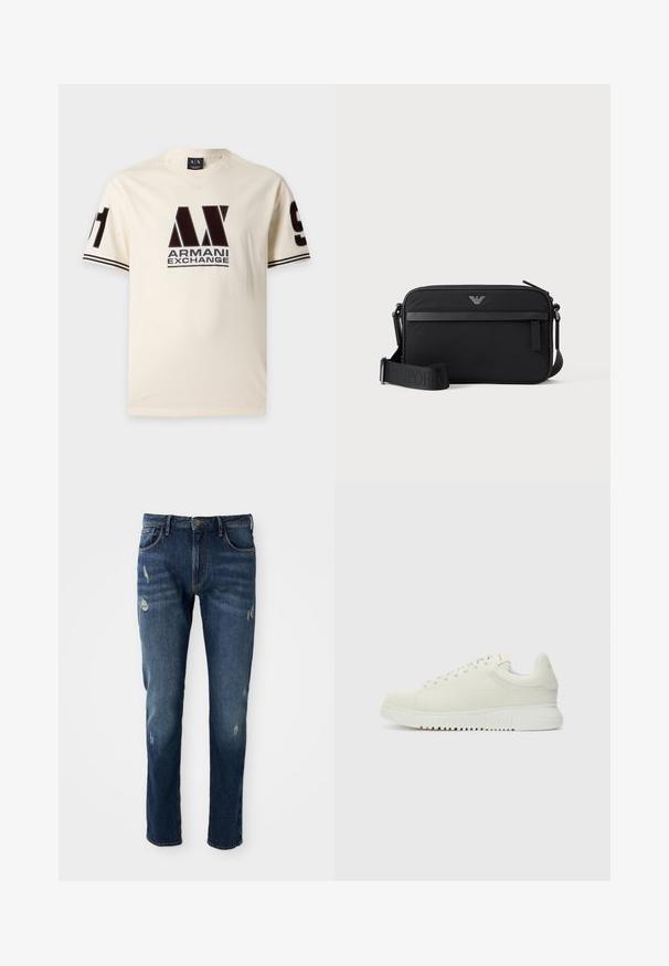 Krémové tričko Armani Exchange s krátkym rukávom, čiernym logom na prednej strane a číslom 91 na oboch rukávoch s detailom dvojitej pruhy.; Tmavomodré denimové jeansy s úzkym strihom, s jemným opotrebovaním na stehnách a kolenách, klasický dizajn s piatimi vreckami a zapínaním na gombík.; Biele kožené tenisky s textúrovaným vrchom, zaoblenou špičkou, plochou bielou podrážkou a tonálnymi šnúrkami. Diskrétne logo na jazyku.; Čierna obdĺžniková crossbody taška s predným vreckom na zips, nastaviteľným popruhom a malým kovovým logom v hornej strede.