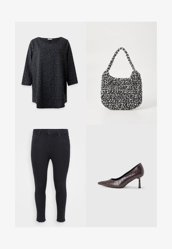 Sort bluse med lange ærmer med gråt dyreprintmønster og rund halsudskæring vist på ensfarvet baggrund.; Sorte tætsiddende jeans lavet af denim med en frynset kant ved anklen, to forlommer og en knaplukning i taljen.; Brune kunstlæder stiletter med spidse tæer og krokodilletekstur, der har en slank, vinklet hæl og en glat inderside.; Vævet håndtaske i sort og hvid med en rund form, tekstureret overflade og et fletet håndtag. Velegnet til afslappet brug.