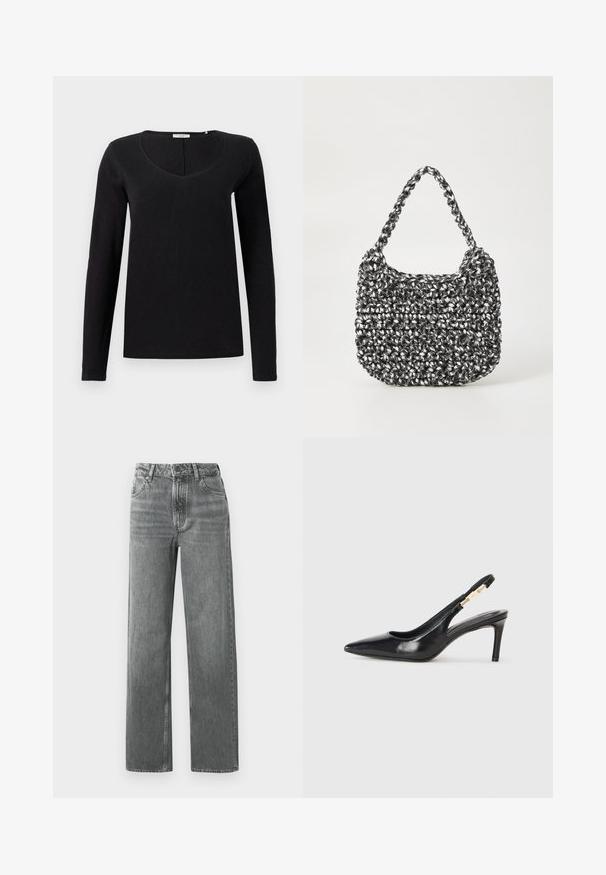 Sort langærmet t-shirt med V-halsdesign, lavet af blødt stof med en glat tekstur. Enkel, klassisk snit uden udsmykninger.; Grå brede jeans lavet af denim, med høj talje, fem lommer og sømdetaljer. Stof har et falmet, tekstureret udseende.; Sort læder slingback højhælede sko med spidse tæer, glat overflade og en smal ankelrem med guldfarvede hardware detaljer.; Vævet håndtaske i sort og hvid med en rund form, tekstureret overflade og et fletet håndtag. Velegnet til afslappet brug.