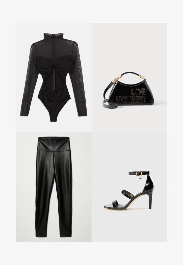Zwarte bodysuit met lange doorschijnende mesh mouwen, hoge kraag, gedrapeerde voorkant en een aansluitend lijfje. Sluit onderaan met drukknoopjes.; Zwarte nepleer legging met een hoge tailleband, met een gladde textuur en een aansluitende pasvorm, die tot de enkels reikt.; Zwarte gepatineerde leren sandaal met drie banden, enkelgesp en 10 cm hoge stiletto hak. Bevat gouden hardwaredetails en een logo charm.; Zwarte handtas van lakleer met gouden beslag en "LOVE MOSCHINO" in reliëf en gouden letters aan de voorkant, voorzien van een bovenhengsel en schouderbanden.