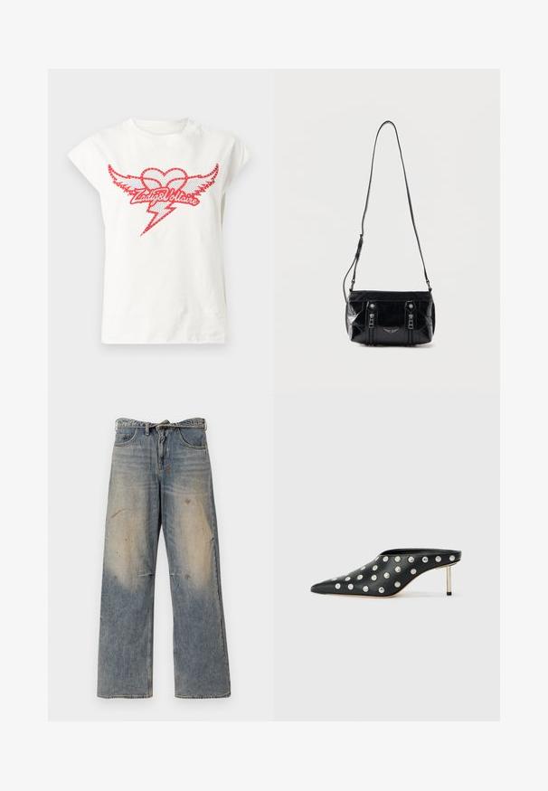 Witte katoenen t-shirt met korte kapmouwen met een rood grafisch ontwerp van een hart met vleugels en een bliksemschicht, omringd door studs.; Lichtblauwe denim jeans met een losse, recht gesneden pasvorm. Voorzien van slijtageplekken, vervaging en distressed details bij de knieën. Klassiek five-pocket ontwerp.; STAND STUDIO KELSEY - Muiltjes met hak - black; Zwarte leren schoudertas met verstelbare riem, twee verticale ritsen aan de voorkant en een klein metalen vleugelembleem onder de ritsen.