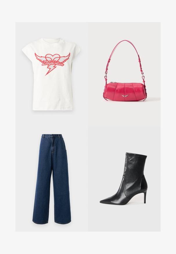 T-shirt en coton blanc avec manches courtes style casquette, arborant un motif graphique rouge d'un cœur avec des ailes et un éclair, entouré d'accents cloutés.; Jean taille haute à jambes larges en denim bleu foncé avec fermeture à bouton et à zip à l'avant, passants de ceinture et poches latérales.; Bottes noires à la cheville en cuir lisse, dotées d'un bout pointu, d'un tige ajustée et d'un talon haut fin. Design minimaliste sans quincaillerie visible.; Petit sac à bandoulière en cuir rose brillant avec emblème d’aile argenté et bandoulière réglable, fermeture éclair sur le dessus, présenté sur fond blanc.