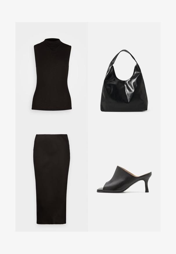 Haut sans manches noir à col roulé fabriqué en tissu côtelé, présentant un col haut et une silhouette ajustée. Pas de motifs ni d'accents.; Jupe crayon noire, longueur genoux, en tissu lisse avec une taille élastique, présentant un design simple et minimaliste sans matériaux visibles.; Selected ASHLEY - Mules à talons - black; Sac hobo en cuir noir avec une texture douce et brillante et un haut ouvert arrondi. Dispose d'une large sangle courbée pour le transport. Pas de matériel visible.