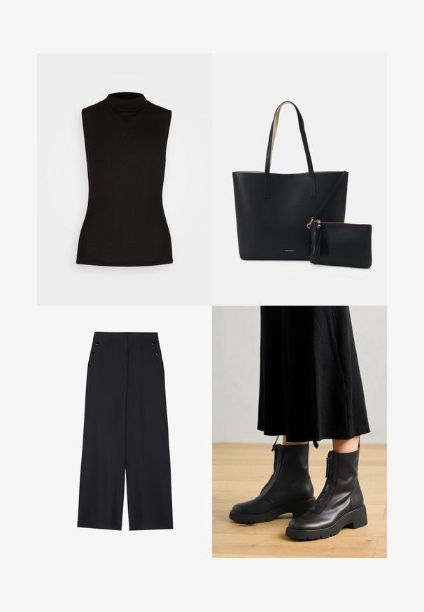Top sin mangas de tortuga negro hecho de una tela acanalada, con un cuello alto y una silueta ajustada. Sin patrones ni acentos.; Pantalones de pierna ancha en tejido azul marino oscuro, con una textura suave, pliegues delanteros y ojales decorativos en tono dorado en los bolsillos laterales.; Botas de tobillo de cuero negro con suela de plataforma gruesa y cremallera delantera. Textura suave con un diseño minimalista.; Bolsa tote negra con material texturizado, dos asas largas y un bolso con cremallera removible que cuenta con un detalle de borlas. Logo de la marca en dorado visible.