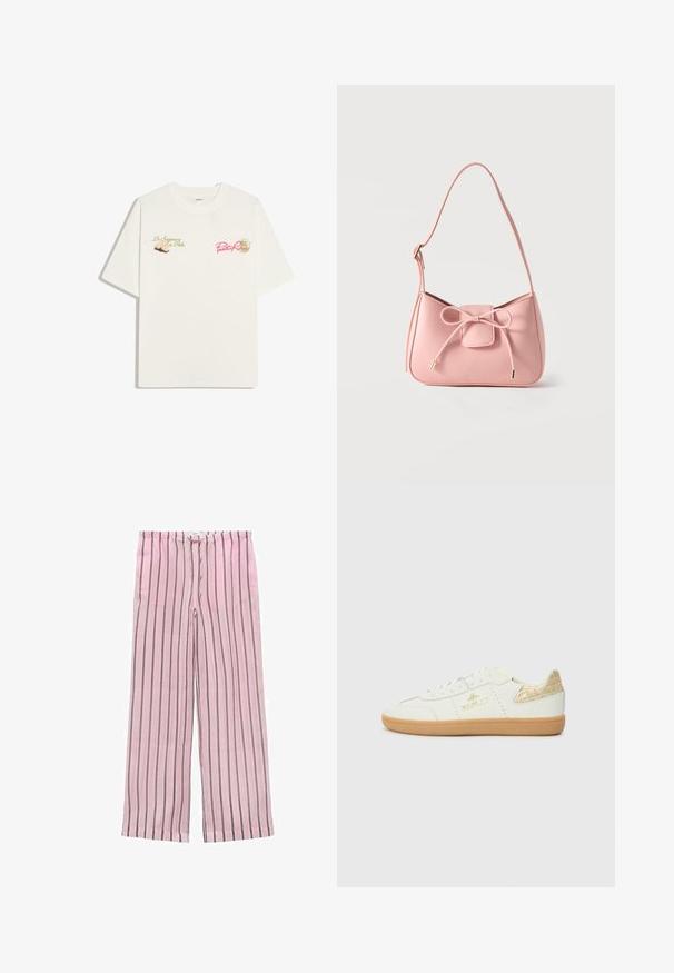 T-shirt blanc manches courtes avec texte vert et graphique cigare sur la poitrine gauche et texte rose « Puerto Rico » avec logo palmier sur la poitrine droite.; Pantalons larges à rayures roses avec des rayures verticales noires et grises. Fabriqués en tissu léger, dotés d'une taille élastique pour plus de confort.; Replay PYPER W TRADE - Baskets basses - white; Petit sac bandoulière rose pastel avec sangle réglable et détail nœud à l'avant avec extrémités dorées sur un fond uni.