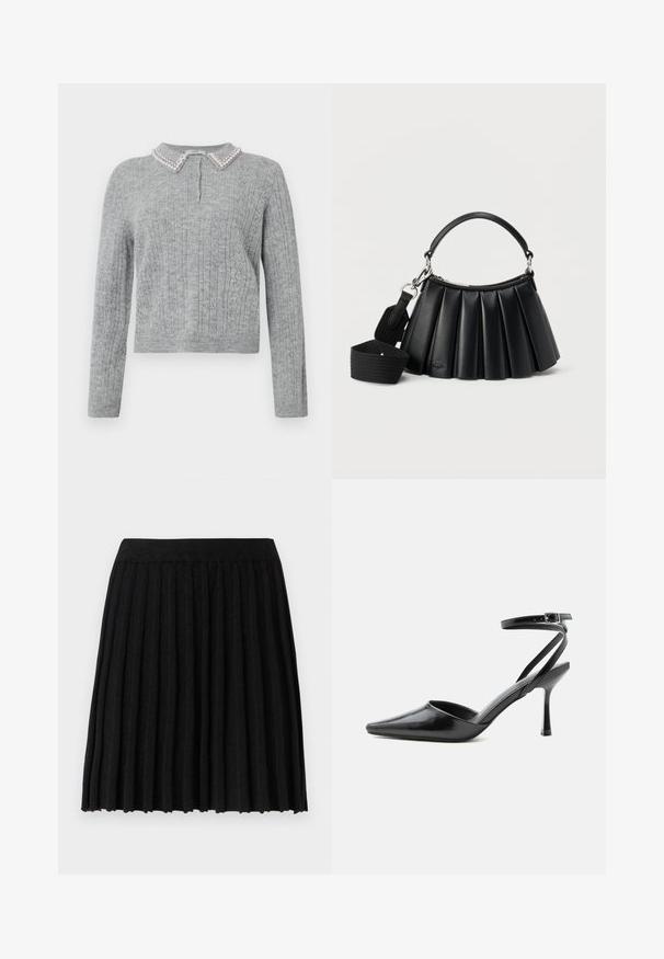Lys grå strikket sweater med lange ærmer, tre knapper ved brystet og en krave dekoreret med perler.; Vero Moda Knitted VMMARINA Short - Mini skirts - black; Sort spids højhælet sko med tynde ankelremme og sølvspænde på en ensfarvet lys baggrund.; Sort læderhåndtaske med plissering, kort håndtag og aftagelig bred skulderrem i stof på hvid baggrund.