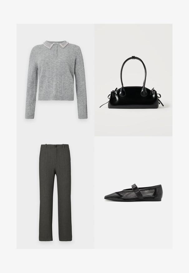 Pull en tricot gris clair avec des manches longues, trois boutons au niveau de la poitrine, et un col orné de perles.; Pantalon gris à texture lisse, coupe droite, avec un motif à carreaux discret. Il présente une fermeture à bouton et des passants pour ceinture.; Chaussure plate noire avec un bout pointu, panneaux latéraux en maille et une sangle avec une boucle décorative. Fini lisse sur les sections du bout et du talon.; Petit sac à main noir brillant avec deux longues anses et des détails à cordon sur les côtés sur un fond clair uni.