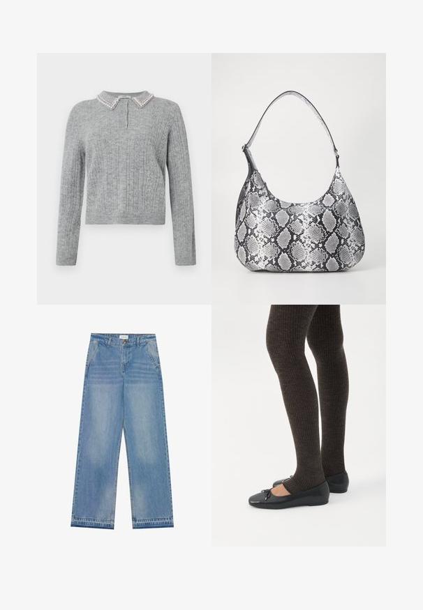 Lichtgrijze gebreide sweater met lange mouwen, drie knopen op de borst en een col met parelversiering.; Lichtblauwe hoge taille wijde jeans met een knoopsluiting, voorzakken, riemlussen en subtiele vervaagde details.; Benen met donkere geribbelde leggings gecombineerd met zwarte ballerina's met kleine strikdetails op een witte achtergrond.; Zwart-witte slangenprint schoudertas met een afgeronde vorm, een gladde textuur en een ronde strap. Voorzien van een zilveren hardwareaccent.