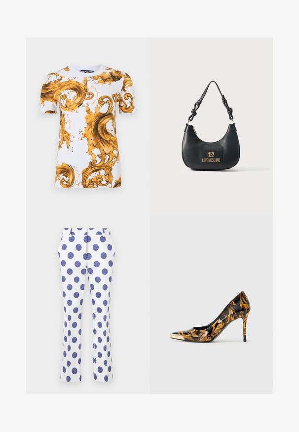 Hvid Versace Jeans T-shirt med korte ærmer og prangende barokmønstre i guld og brune farver med swirl- og splash-designs.; Hvide bukser med store blå prikker, med flad front, to sidelommer og lige ben. Glat stoffrist.; Spidse højhælede sko med en glossy sort overflade, prydet med gyldne blomster mønstre og en metallisk guldkappe på tåen.; Sort læder håndtaske fra Love Moschino med buet form, knude-rem og gyldent logo på forsiden.