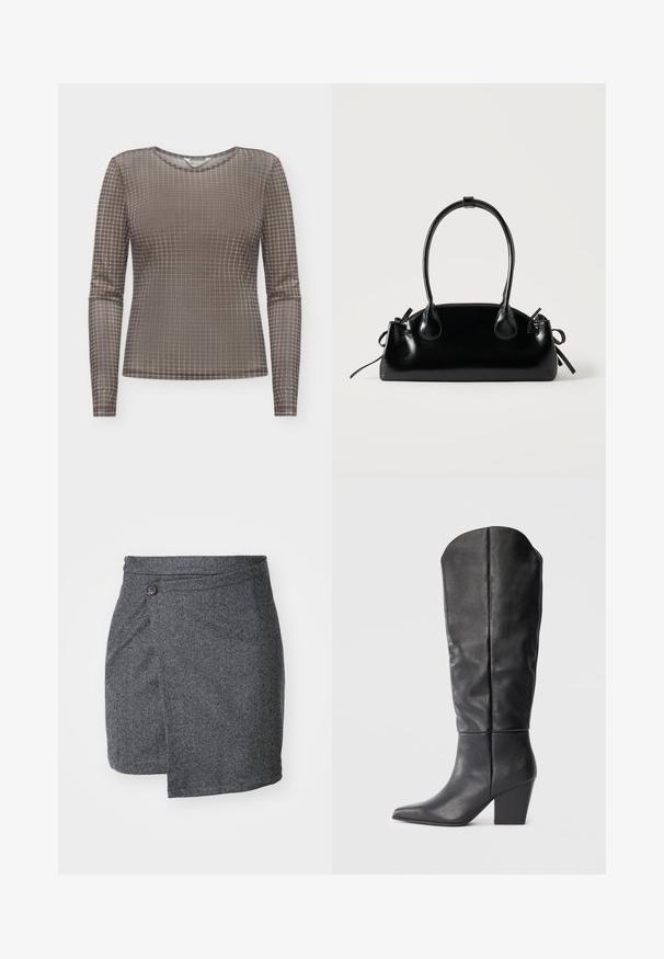 Braun-beiges kariertes Langarm-Mesh-Top mit rundem Ausschnitt und figurbetonter Silhouette.; Grau gemusterter Wickelrock aus strukturiertem Wollstoff, mit einem einzelnen Knopfverschluss an der Taille und einem asymmetrischen Saum.; Schwarze kniehohe Stiefel aus Leder mit spitzem Zeh und blockigem Absatz. Das Design zeichnet sich durch eine glatte Textur und minimalistische Linien aus.; Kleine schwarze glänzende Handtasche mit zwei langen Griffen und seitlichen Kordelzug-Details vor einfachem hellem Hintergrund.