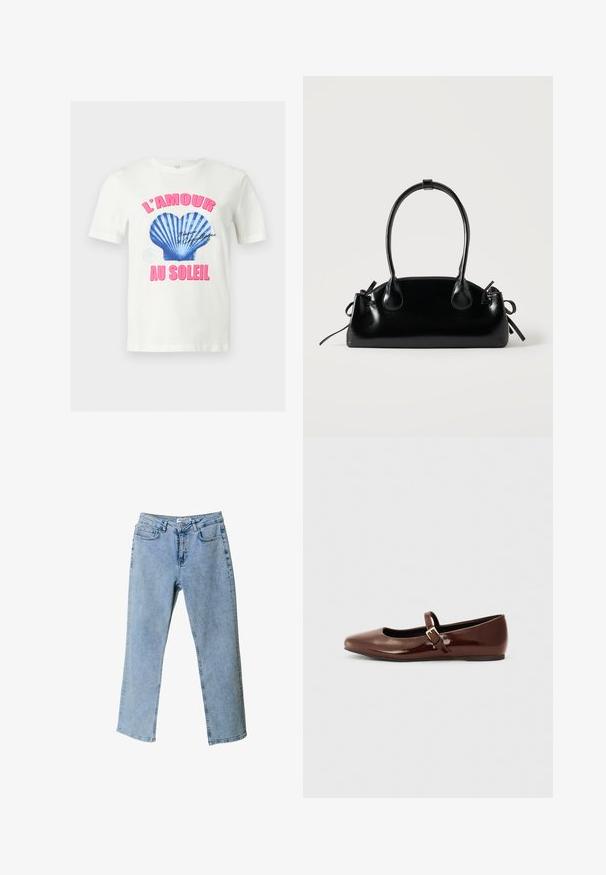 Hvid kortærmet skjorte med en blå muslingegrafik og lyserød fransk tekst, der lyder "L'AMOUR AU SOLEIL" på forsiden.; Lyseblå denim jeans med lige ben design, fem-lomme stil og en taljebranding. Har lysnede områder for tekstur.; Brun patentlæder balletflade med firkantet tå og strop med en lille guldbuckle. Glat tekstur, lav hæl og minimalistisk design.; Lille sort blank håndtaske med to lange håndtag og snøre-detaljer i siden på en ensfarvet lys baggrund.