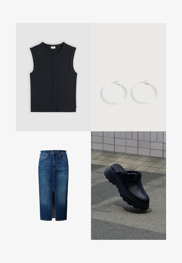 Mørkeblå, ribstrikket ærmeløs top med rund halsudskæring og sorte knapper foran. Har et lille mærkelabel på sidesømmen.; Mørkeblå denim midi nederdel med frontslids, knaplukning, bæltestropper og forlommer.; Sort slip-on træsko med tyk rillede sål og justerbar rem, placeret over asfalt med flisebelagt væg i baggrunden.; Par skinnende sølvøreringe med tynde trådlåse, vist på en lys grå baggrund.