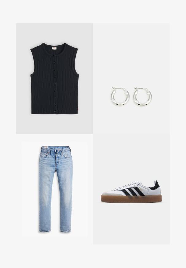 Haut sans manches côtelé marine avec encolure ronde et boutons noirs sur le devant. Présente une petite étiquette de marque sur l'ourlet latéral.; Jeans en denim bleu clair avec une coupe droite, deux poches avant et une fermeture à boutons. Texture usée avec un léger délavage près des genoux.; Baskets en cuir blanc avec des rayures noires, semelle extérieure en caoutchouc beige, bout rond, fermeture lacée et embout en suède gris doux.; Boucles d'oreilles en argent avec une finition polie, présentant une forme circulaire et une fermeture à charnière. Texture lisse avec un minimum de détails.