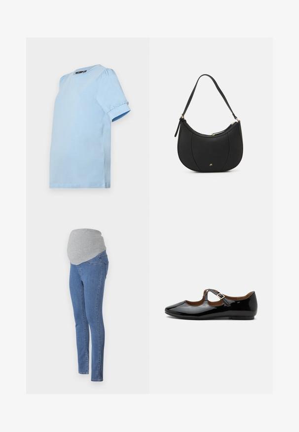 Vero Moda Maternity VMMKERRY O NECK - Βασικό μπλουζάκι - dutch canal; Μαμά παντελόνια με εφαρμοστή σχεδίαση, μπλε τζιν ύφασμα και μαλακή γκρι ζέρσεϊ μέση για άνεση. Διαθέτουν πίσω τσέπες και λεπτή εφαρμογή.; Μαύρο παπούτσι Mary Jane από δέρμα με γυαλιστερή επένδυση, δύο ανοίγματα και χρυσή αγκράφα, σε λευκό φόντο.; Μαύρη δερμάτινη τσάντα χειρός με καμπύλο σχήμα, υφή στην επιφάνεια, εμπρόσθια ραφή και λογότυπο σε χρυσό τόνο. Διαθέτει μία ρυθμιζόμενη ιμάντα.
