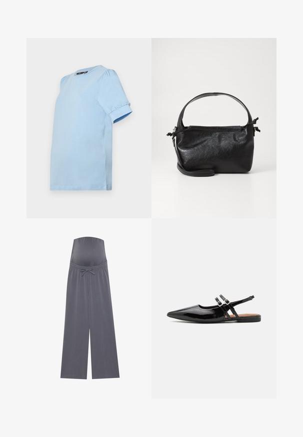 Vero Moda Maternity VMMKERRY O NECK - T-shirt basique - dutch canal; Pantalon de maternité gris avec un design à jambe large, taille élastique et cordon de serrage ajustable. Fabriqué en tissu doux et extensible pour le confort.; Des chaussures slingbacks en cuir verni noir présentent un bout pointu, deux sangles avec des accents de boucle, et une semelle plate.; Sac à main en cuir noir au design structuré, avec une poignée arrondie et une bandoulière amovible. Présente une texture lisse et un éclat subtil.