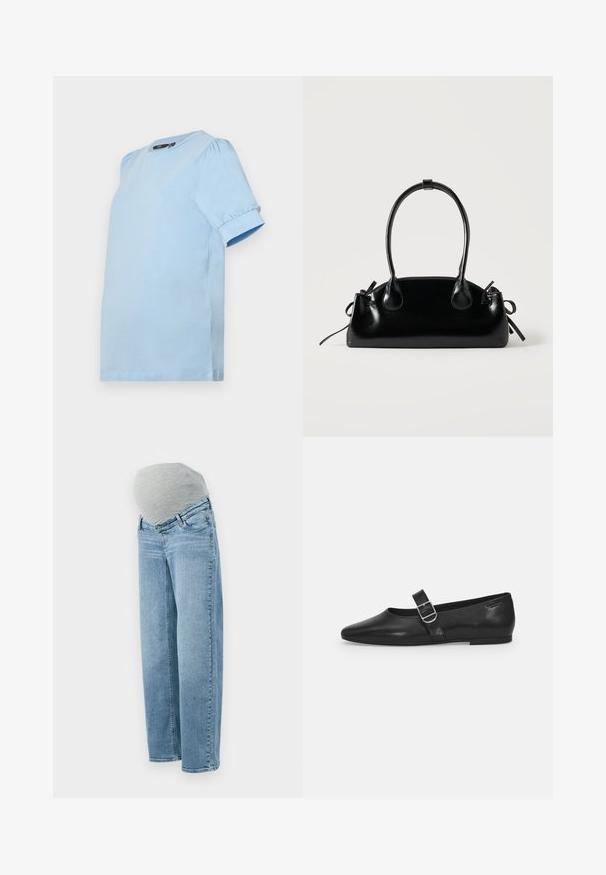 Vero Moda Maternity VMMKERRY O NECK - Βασικό μπλουζάκι - dutch canal; Μητρότητας τζιν με ανοιχτό μπλε απόχρωση, χαλαρή εφαρμογή και γκρι ελαστική ζώνη στην κοιλιά για άνεση και ευελιξία κατά τη διάρκεια της εγκυμοσύνης.; Μαύρο δερμάτινο φλατ παπούτσι με στρογγυλή μύτη, μία ρυθμιζόμενη αγκράφα και λεία, γυαλιστερή υφή. Μινιμαλιστικός σχεδιασμός με χαμηλό τακούνι.; Μικρή μαύρη γυαλιστερή τσάντα με δύο μακριές λαβές και λεπτομέρειες με ρυθμιζόμενο κορδόνι στο πλάι σε απλό ανοιχτό φόντο.