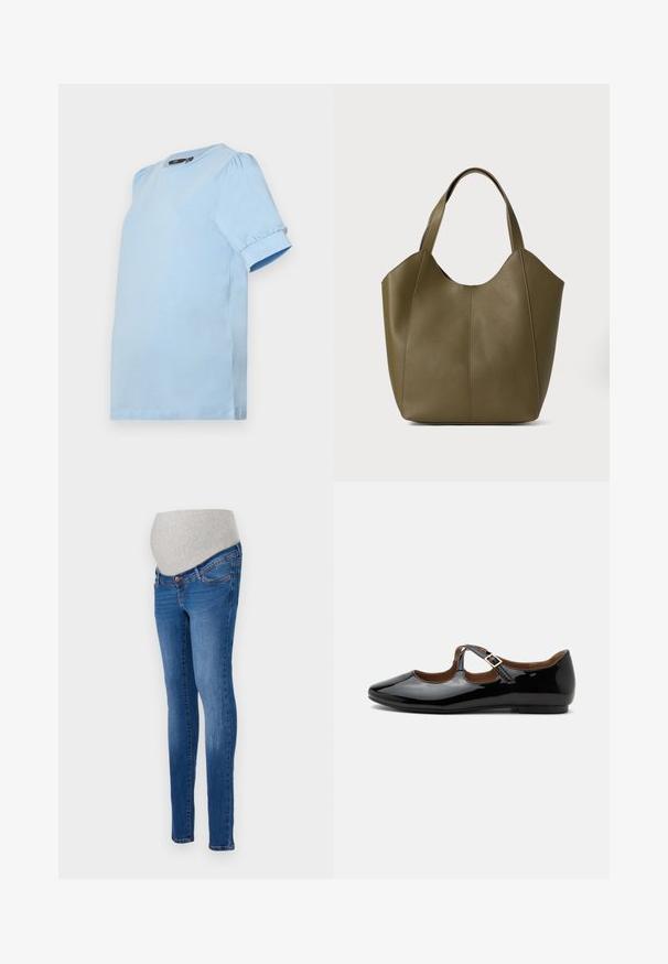 Vero Moda Maternity VMMKERRY O NECK - T-paita - dutch canal; Äitiysfarkut sinisestä denimistä, joissa on istuva malli. Mukautuva harmaa stretch-paneeli mukavuutta varten. Klassinen viiden taskun muotoilu, jossa on pieni haalistuma.; Musta kiiltonahkainen Mary Jane -tyylinen matala kenkä, jossa kaksi leikkauksia ja kultainen solkisomiste valkoisella taustalla.; Oliivivärinen nahkakassi, jossa on kaksoisremmit, sileä pinta ja neljän paneelin muotoilu. Vahvistettu ompelu saumoissa kestävyyden takaamiseksi.