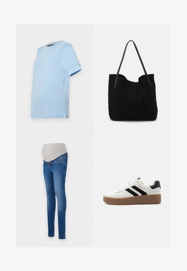 Vero Moda Maternity VMMKERRY O NECK - Základné tričko - dutch canal; Tehotenské rifle v modrom denime s priliehavým strihom. Obsahujú šedý elastický panel pre pohodlie. Klasický dizajn so štyrmi vreckami a jemným vyblednutím.; Biele nízke tenisky s čiernymi pruhmi, hnedou gumovou podrážkou, šnurovaním vpredu a polstrovaným čiernym golierom na päte.; Čierna semišová taška cez rameno s dvomi dlhými, plochými koženými popruhmi. Obsahuje zakrivený horný okraj a viditeľné stehy po prednej strane. Bez kovových akcentov.
