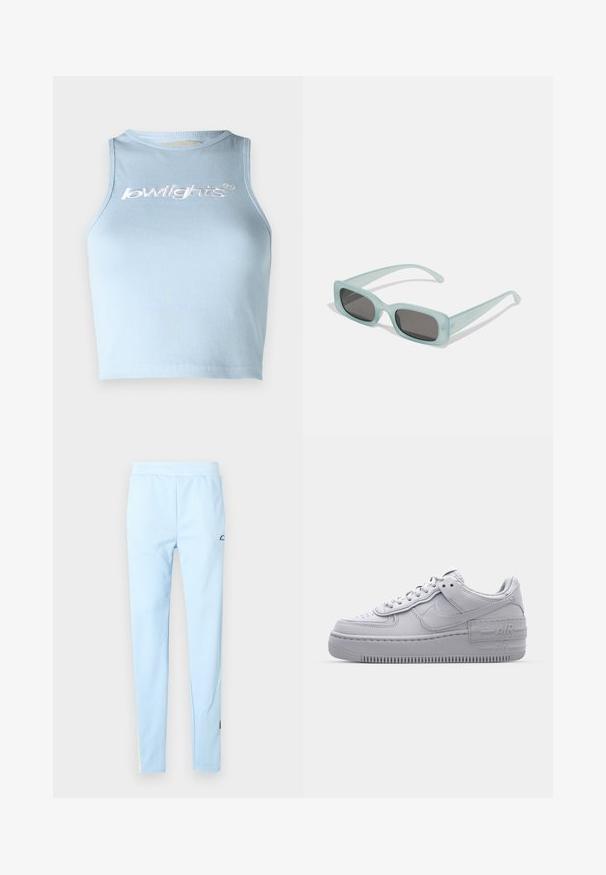 Heleheline soonik ja ribaga crop top ümmarguse kaeluse ja ilma varrukateta disainiga. Esiküljel on valge tikitud tekst.; Heledad sinine spordipüksid, millel on sile tekstuur, elastne vöökoht ja peen muster. Omavad logo puusa lähedal ja värvilisi aktsente ääres.; Hallitus hallid Nike Air Force 1 sneakerid, millel on augustatud varvas, siledast nahast ülemine osa, paks tall ning reljeefne 'AIR' detail kontsapadjal.; Kaks ümmargust päikeseprilli, millel on helesinised poolläbipaistvad raamid ja tumehallid objektiivid, sirged tempud ja minimaalsete detailidega riistvara.