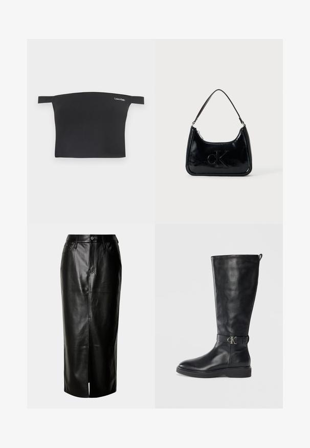 Čierny crop top s dizajnom bez ramienok, vyrobený z hladkej látky. Má úzke ramienka a malú bielu značku Calvin Klein na prednej strane.; Čierna kožená midi sukňa so striedmym strihom, predným rozparkom a klasickým dizajnom s piatimi vreckami a kovovými detailmi.; Čierne kožené čižmy po kolená s nízkym podpätkom, okrúhlou špičkou a kovovou sponou s logom "CK" okolo členku.; Čierna lakovaná kabelka s oblým horným uchom, zipsovým uzáverom a embosovaným logom "cK" na prednej strane. Hladká textúra, štruktúrovaný tvar.