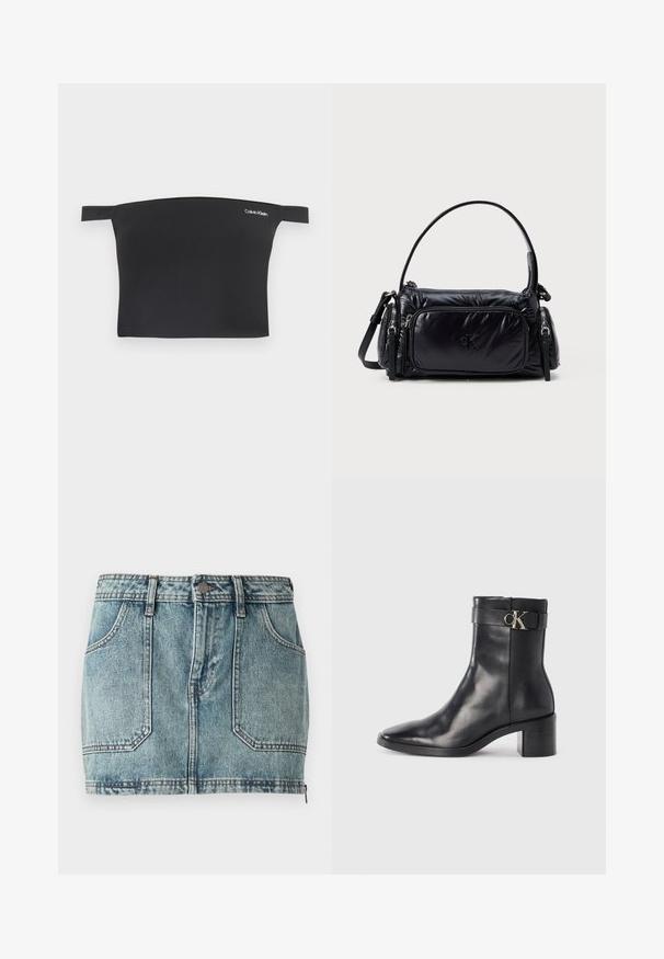 Schwarzes Cropped-Top mit schulterfreiem Design, aus glattem Stoff. Verfügt über schmale Träger und ein kleines weißes Calvin Klein-Logo auf der Vorderseite.; Helles, blaues Denim-Minirock mit Fünf-Taschen-Design, Gürtelschlaufen, Metallknopfverschluss und kontrastierenden Nähten.; Schwarze Leder-Ankle Boots mit spitzem Zehenbereich, Blockabsatz und einem Riemen mit einem metallischen Logodetail. Glatte Textur und minimales Design.; Schwarze Nylon-Handtasche mit einem plüschigen Design, abgerundetem Schultergurt, einer vorderen Reißverschlusstasche und einem dezenten, auf der Vorderseite geprägten Logo.
