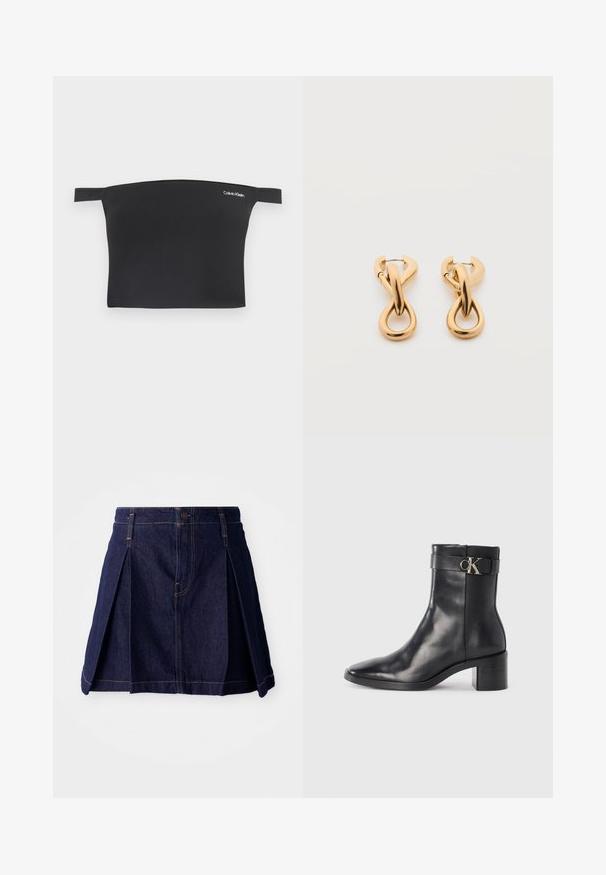 Sort crop top med off-shoulder design, fremstillet af glat stof. Har smalle stropper og et lille hvidt Calvin Klein-logo på forsiden.; Mørk denimnederdel med plisseringer, knaplukning og kontrastsyninger. Enkel design med en flagrende form og midtlængde.; Sort læder ankelstøvle med spids tå, blokhæl og en rem med en metallisk logo detalje. Glat tekstur og minimalistisk design.; Par af skinnende guldfarvede hoop-øreringe med snoet, flettet design på en enkel hvid baggrund.