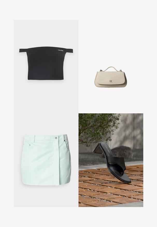 Sort crop top med off-shoulder design, fremstillet af glat stof. Har smalle stropper og et lille hvidt Calvin Klein-logo på forsiden.; Lys mintgrøn denimskørt med frontlukning med knapper og lynlås, to sidelommer og en ren, glat overflade.; Sort Calvin Klein hælet sandal med tå-loop på trægulv udendørs nær et træ og en stenmur.; Lille beige læderhåndtaske med top håndtag og sølv CK-logo på frontklap, vist mod en hvid baggrund.