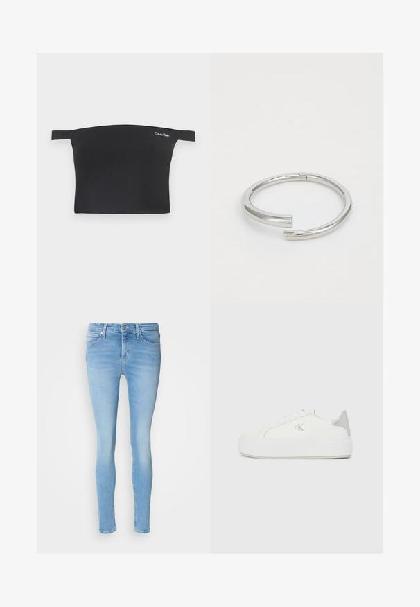 Must have korvade top õlgadelt avatud kujundusega, valmistatud sileda kangast. Omab kitsaid rihmasid ja väikest valget Calvin Kleini logo ees.; Heledad sinised kitsad teksad, mis on valmistatud denimist ja millel on keskmise kõrgusega talje, eesmine taskud, vööd silmad ja sile tekstuur.; Valged kangast tennisekingad paksu valge tallaga, millel on metallist hõbedane aksent kandadel ja tagasihoidlik logodetail küljel.; Calvin Klein SPIRAL - Käevõru - silver-coloured