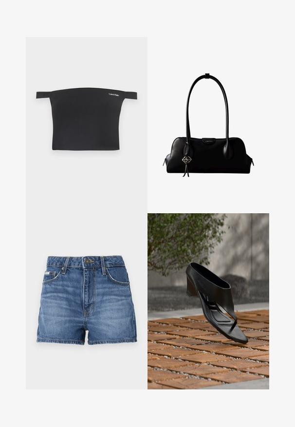 Čierny crop top s dizajnom bez ramienok, vyrobený z hladkej látky. Má úzke ramienka a malú bielu značku Calvin Klein na prednej strane.; Džínové šortky v stredne modrej farbe, s dizajnom piatich vreciek, pútka na opasok a poškodeným lemom. Štandardné zapínanie na gombík a zips.; Čierna sandála na vysokom podpätku s remienkom medzi prstami, vznášajúca sa nad vzorovaným dreveným a štýlovým vonkajším povrchom s rozmazanou zeleňou a stenou v pozadí.; Čierna kožená kabelka Calvin Klein s dlhými rúčkami, prednou značkou s logom a strieborným geometrickým príveskom visiaci na jednej rúčke.