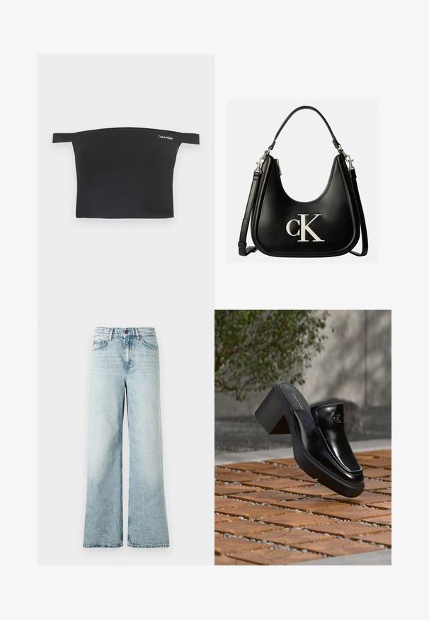 Haut court noir avec design dénudé des épaules, fabriqué à partir d'un tissu doux. Présente des bretelles étroites et un petit logo Calvin Klein blanc sur le devant.; Jean large bleu clair en denim, avec taille haute, ourlet court et une texture douce avec des détails décolorés.; Mule slip-on en cuir noir Calvin Klein avec talon bloc reposant sur des carreaux en bois à l'extérieur près d'une plante verte et d'un mur gris.; Sac à main en cuir noir avec logo argenté "cK" sur le devant, avec une poignée courte et une bandoulière ajustable plus longue.