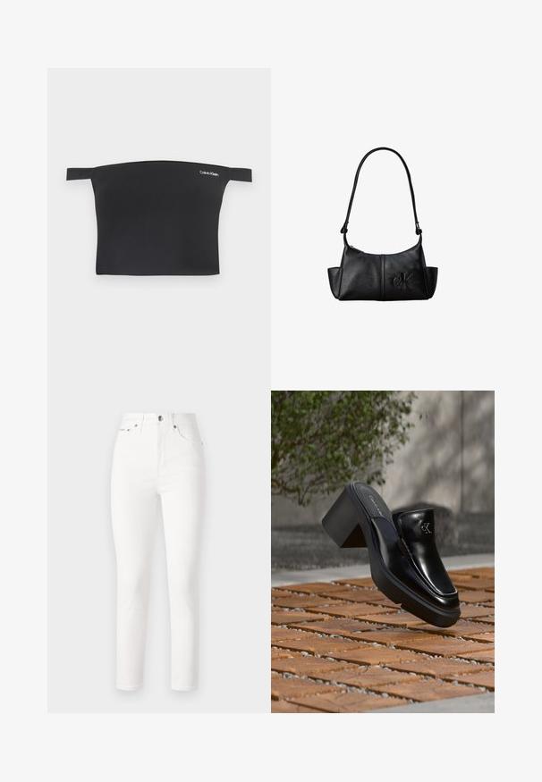 Čierny crop top s dizajnom bez ramienok, vyrobený z hladkej látky. Má úzke ramienka a malú bielu značku Calvin Klein na prednej strane.; Biele džíny z denimu s vysokým pásom, zúženými nohavicami a štýlom s piatimi vreckami. S metalovým gombíkom a nitmi, hladká textúra.; Čierne kožené šľapky Calvin Klein s blokovým podpätkom, ktoré oddychujú na drevených dlaždiciach vonku blízko zelenej rastliny a šedej steny.; Čierna kožená taška cez rameno s dlhým popruhom, bočnými vreckami a vystúpeným logom Calvin Klein vpredu.