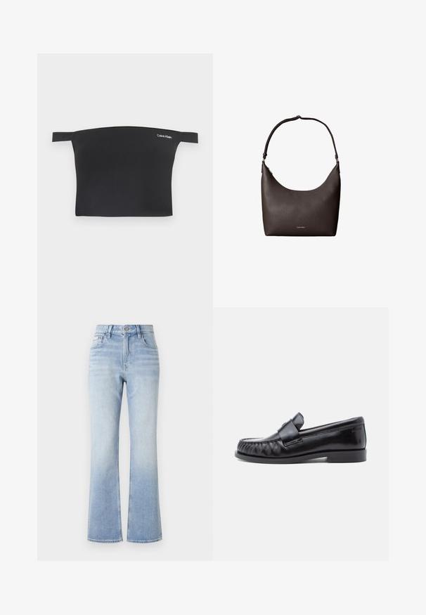 Top corto negro con diseño de hombros al aire, hecho de una tela suave. Presenta tirantes delgados y un pequeño logo blanco de Calvin Klein en la parte delantera.; Jeans acampanados de mezclilla azul claro con cintura alta, costuras en contraste, bolsillos frontales y un sutil efecto de desgaste hacia el dobladillo.; Mocasines de cuero negro con punta redondeada, costuras distintivas y una banda decorativa sobre el empeine. Acabado liso y tacón bajo.; Bolso de hombro de cuero marrón oscuro con textura, con una sola correa y el pequeño logo de Calvin Klein en el centro frontal.