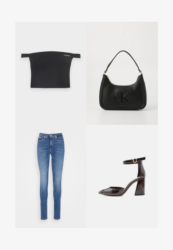 Sort crop top med off-shoulder design, fremstillet af glat stof. Har smalle stropper og et lille hvidt Calvin Klein-logo på forsiden.; Slank jeans i mellemblå denim med høj talje, glat tekstur, to forlommer og en enkelt baglomme.; Mørkebrun laklæder højhælet sko med spids tå, blokhæle og justerbar ankelrem med guldspænde.; Sort læder håndtaske med en buet form, der har en guldfarvet lynlås og et subtilt præget "cK" logo. Glat tekstur og et enkelt håndtag.