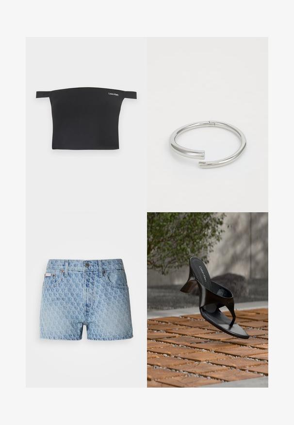 Must have korvade top õlgadelt avatud kujundusega, valmistatud sileda kangast. Omab kitsaid rihmasid ja väikest valget Calvin Kleini logo ees.; Heledad lühikesed püksid helesinisest denimist, millel on tekstuuriga korduv muster. Omab nupuga kinnihoidmist ja punast brändimärki vasakul taskul.; Must Calvini Kleini kontsaking sandaal, mis ripsekand paistab üle veelähedase plaaditud pinnaga, taustal rohelus ja betoonsein.; Calvin Klein SPIRAL - Käevõru - silver-coloured