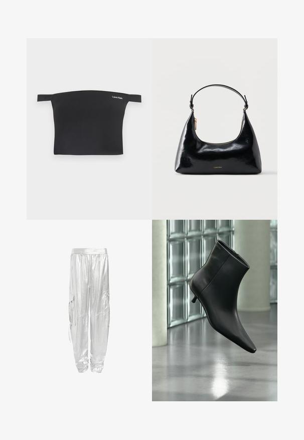 Haut court noir avec design dénudé des épaules, fabriqué à partir d'un tissu doux. Présente des bretelles étroites et un petit logo Calvin Klein blanc sur le devant.; Pantalons cargo argentés avec une finition métallique brillante. Conçus avec une taille élastique et deux poches latérales pour plus de fonctionnalité.; Bottine en cuir noir à bout pointu et petit talon kitten, présentée en angle devant un sol poli et un mur en blocs de verre.; Sac à main Calvin Klein noir brillant avec fermeture éclair dorée et anse courte sur fond blanc uni.