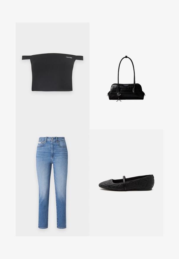Čierny crop top s dizajnom bez ramienok, vyrobený z hladkej látky. Má úzke ramienka a malú bielu značku Calvin Klein na prednej strane.; Svetlomodré džínsy s vysokým pásom, rovnými nohavicami a jemným vyblednutím. Sú vybavené poutkami na opasok, piatimi vreckami a kovovým zapínaním.; Čierna plochá obuv s zaoblenou špičkou, reliéfnym geometrickým vzorom a jedným tenkým remienkom cez hornú časť, zobrazená z bočného profilu.; Čierna kožená kabelka na rameno s krokodílou štruktúrou, dlhými remienkami a malým strieborným príveskom s logom na jednom remienku.