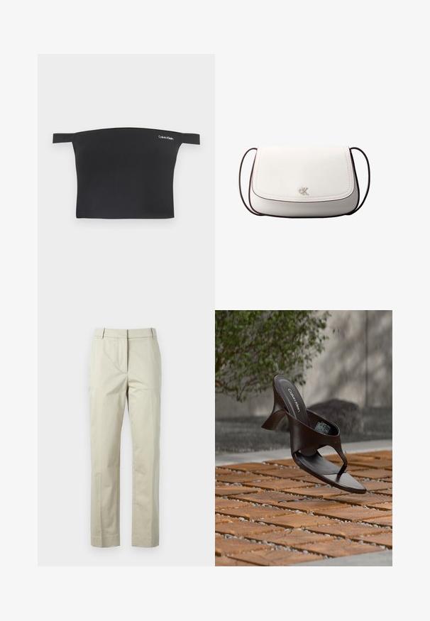 Top corto negro con diseño de hombros al aire, hecho de una tela suave. Presenta tirantes delgados y un pequeño logo blanco de Calvin Klein en la parte delantera.; Pantalones de algodón beige con piernas rectas, pliegue central y trabillas para cinturón. Presenta dos bolsillos laterales y un acabado limpio y a medida.; Sandalia de tiras con tacón marrón de Calvin Klein suspendida sobre suelo exterior de loseta de madera y grava, con fondo desenfocado de vegetación y piedras.; Bolso bandolera blanco con cierre de solapa, pequeño logo plateado "cK" centrado y correa ajustable delgada de color marrón oscuro.