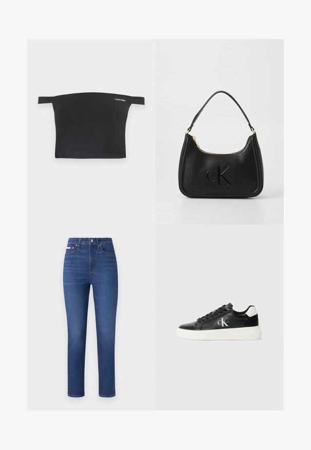 Čierny crop top s dizajnom bez ramienok, vyrobený z hladkej látky. Má úzke ramienka a malú bielu značku Calvin Klein na prednej strane.; Džínsy v tmavomodrej farbe so strihom rovného nohu, dizajnom s piatimi vreckami a diskrétnymi detailmi šitia. Obsahujú zips a zapínanie na gombík.; Čierne kožené nízke tenisky s bielou gumovou podrážkou, okrúly nos, ploché šnúrky a embosovaný detail loga na boku. Kontrastný akcent na päte.; Čierna kožená kabelka so zakriveným tvarom, s zlatým zipsom a jemne embosovaným logom "cK". Hladká textúra a jediná rúčka.