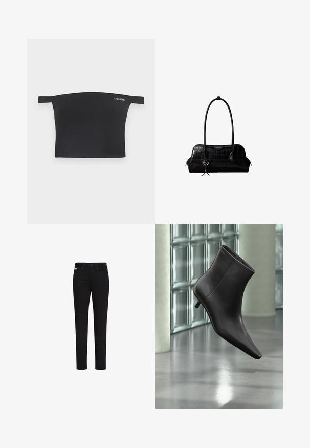 Čierny crop top s dizajnom bez ramienok, vyrobený z hladkej látky. Má úzke ramienka a malú bielu značku Calvin Klein na prednej strane.; Čierne slim fit rifle s predným gombíkom a zipsom, s prednými a zadnými vreckami a malou etiketu na pravom prednom vrecku.; Čierna kožená členková obuv s ostrou špičkou a nízkym podpätkom, zobrazená na pozadí steny zo sklenených blokov a leštenej podlahy.; Čierna kožená kabelka na rameno s krokodílou štruktúrou, dlhými remienkami a malým strieborným príveskom s logom na jednom remienku.