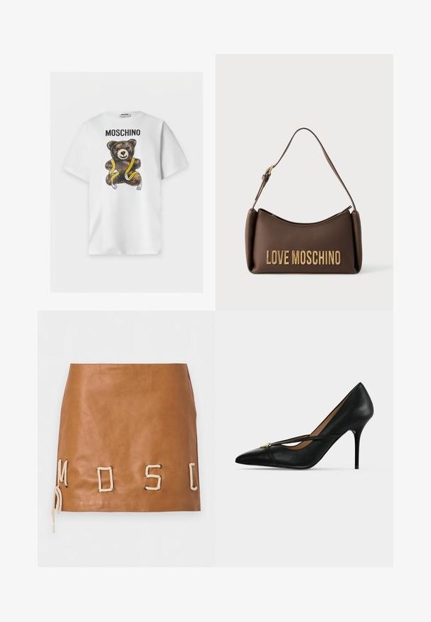 Λευκό κοντομάνικο μπλουζάκι με το κείμενο "MOSCHINO" και ένα καφέ αρκουδάκι τυλιγμένο με κίτρινη μεζούρα στο μπροστινό μέρος.; Καφέ δερμάτινη μίνι φούστα με κρεμ κορδόνια που σχηματίζουν τη λέξη «MOSCHINO» κατά μήκος του γείσο, με επίπεδη μπροστινή πλευρά και δέσιμο στο πλάι.; Μαύρο δερμάτινο παπούτσι με ψηλό τακούνι, μυτερή μύτη και λεπτό λουράκι στο επάνω μέρος, που ασφαλίζει με μία μικρή χρυσή αγκράφα σε απλό φόντο.; Καφέ τσάντα Love Moschino με χρυσά γράμματα και ρυθμιζόμενο ιμάντα ώμου σε ουδέτερο φόντο.