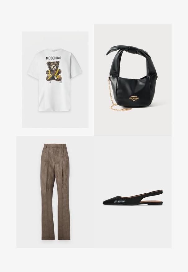 Λευκό κοντομάνικο μπλουζάκι με το κείμενο "MOSCHINO" και ένα καφέ αρκουδάκι τυλιγμένο με κίτρινη μεζούρα στο μπροστινό μέρος.; Καφέ παντελόνι με σχέδιο και υφασμάτινη υφή, με κομμένο στυλ, πιέτες και ίσιες γραμμές. Ο σχεδιασμός περιλαμβάνει γεωμετρικό μοτίβο.; Μαύρο μυτερό πάνινο παπούτσι slingback με χαμηλό τακούνι και λογότυπο "LOVE MOSCHINO" στο πλάι, σε απλό φωτεινό φόντο.; Μαύρη μαλακή δερμάτινη τσάντα Love Moschino με δεμένη λαβή και χρυσή αλυσίδα σε λευκό φόντο.