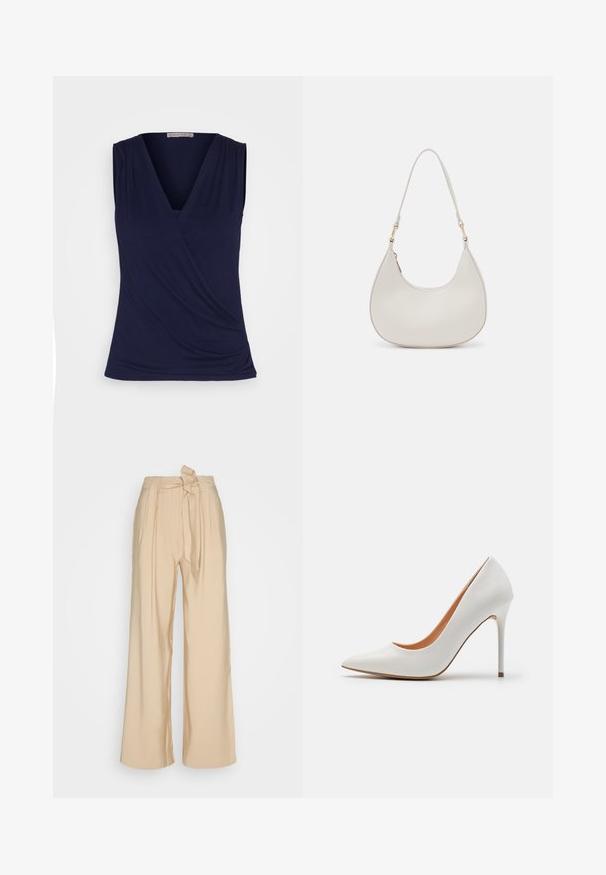 Anna Field Topp - dark blue; Beige laiad püksid siledast kangast, millel on seotud vöökoht ja eesmine volditamine, et luua struktureeritud kuju.; Valge lakitud nahk kõrge kontsaga pump, millel on terav nina ja peen stiletto konts, millel on sile tekstuur ja beež sisemus.; Kreemi nahast õlavarre kott, millel on poolkuu kuju, peen rihm ja diskreetne õmblusdetail. Minimalistlik disain kuldse tooni metallosadega.