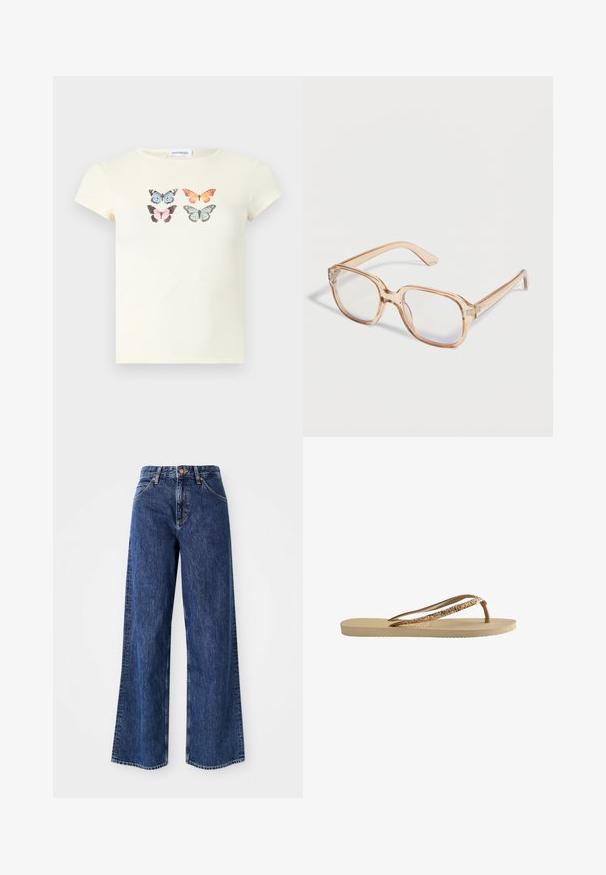 Kremfarvet T-shirt med korte ærmer med fire farverige sommerfugleprint arrangeret i to rækker på tværs af brystet.; Bredde jeans i blå denim med høj talje, synlige sømme, forlommer og en let falmet tekstur.; Flip-flop med en beige textureret sål, tynde brune stropper og guldglimmer-detaljer. Letvægtsdesign, der er velegnet til afslappet brug.; Gennemsigtige lysebrune rektangulære brilleindfatninger med klare glas vist på en hvid baggrund.