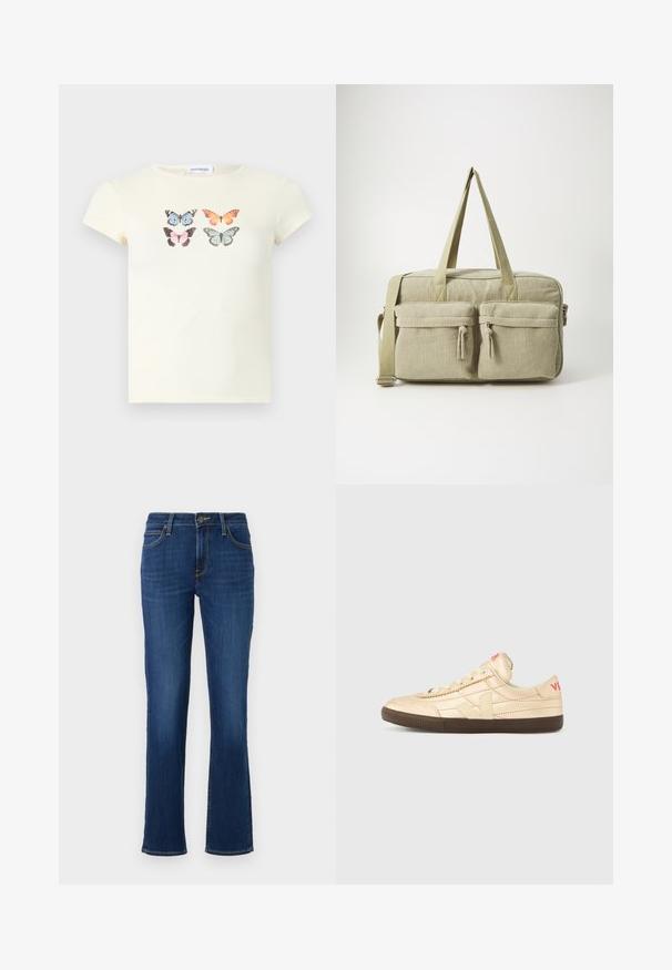T-shirt crème à manches courtes avec quatre imprimés papillons colorés disposés en deux rangées sur la poitrine.; Jean droit bleu marine avec poches avant, passants de ceinture, fermeture à bouton et coutures visibles sur fond blanc.; Baskets couleur crème avec une tige en cuir texturé, une semelle en caoutchouc marron, et un logo rouge bien visible au talon.; Even&Odd Sac week-end - green
